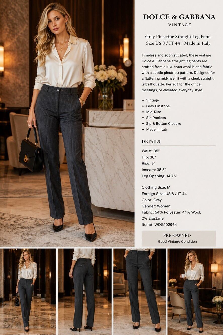 Dolce & Gabbana Vintage Gray Pinstripe Straight Leg Pants |Wool Blend Size US 8
